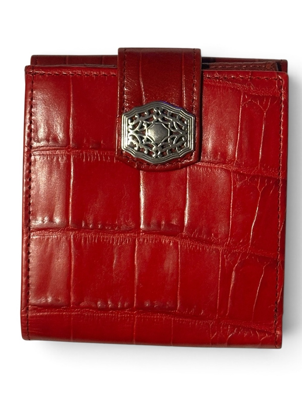 Brighton Red Croc-Embossed Leather Wallet with Silver Accent.